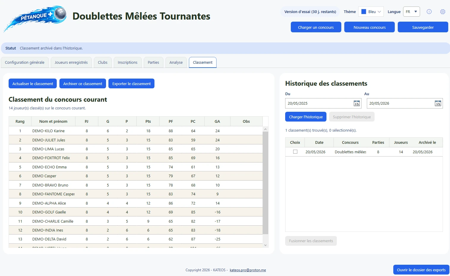 Classement final dans Pétanque+.