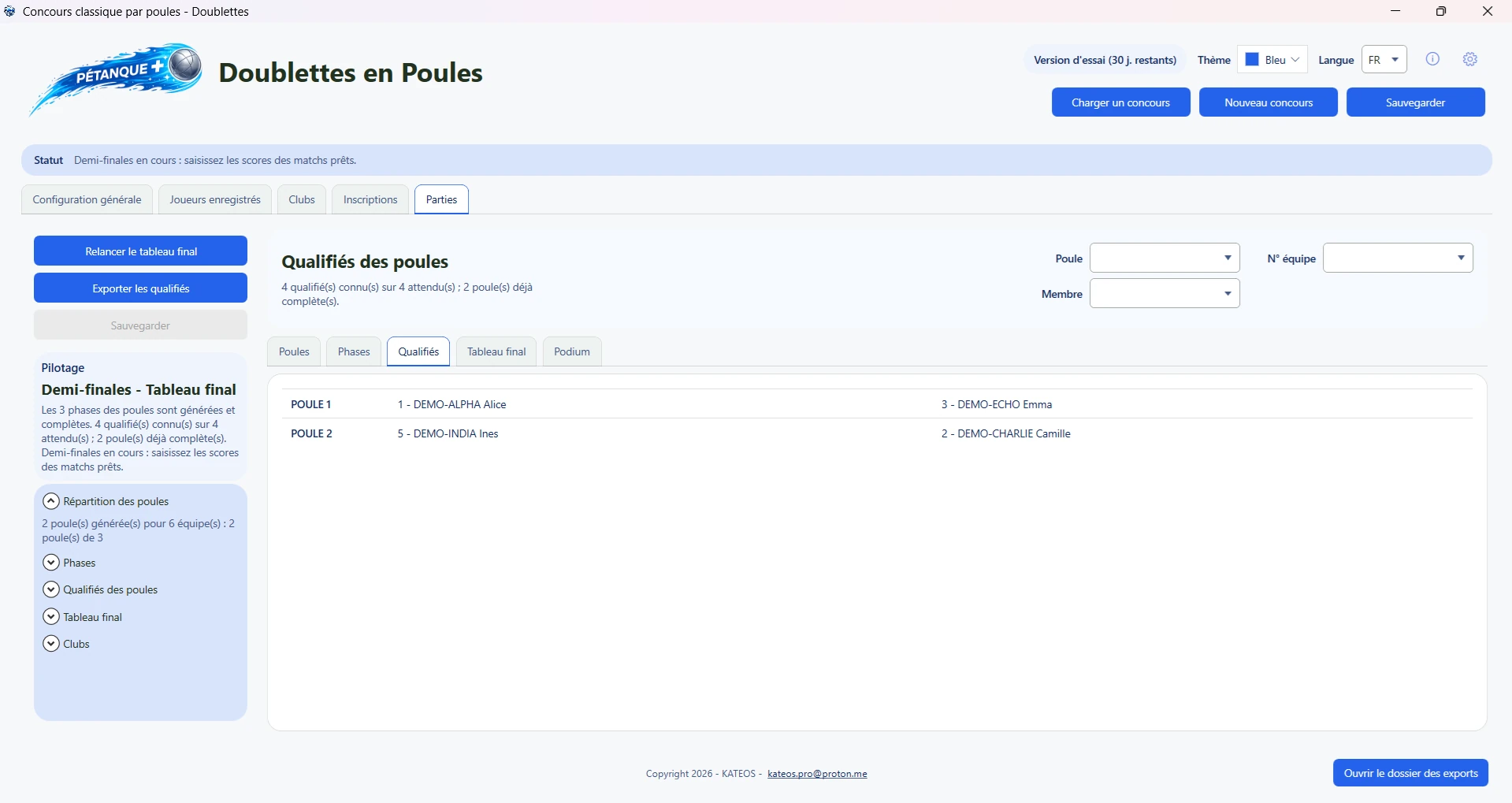 Vue détaillée d'organisation dans Pétanque+.